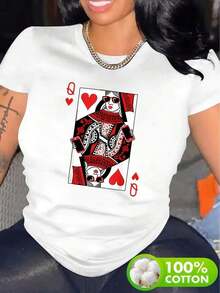 Plus Size Women's Clothing, Casual Short Sleeve T-Shirt For Women - Bold Red Heart Queen Pattern Print, Black And Red Brand Design, Soft Cotton Fabric, Round Neck, Machine Washable, Comfortable All Season Top, Non-See-Through Material, Fashionable Women's T-Shirt - 白色的 - 查看 6