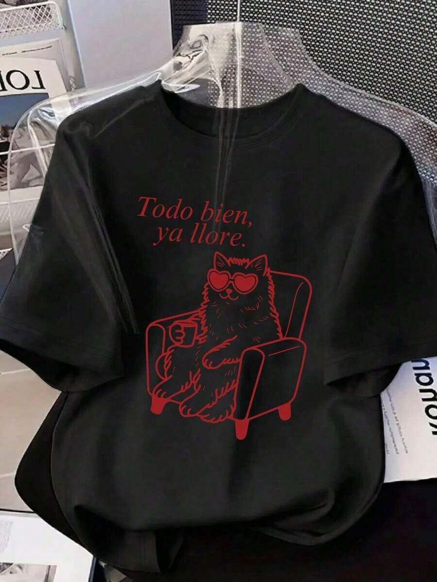 1 pieza de camiseta de manga corta de moda casual para hombres y mujeres, con cuello redondo y estampado de gato "Todo está bien, lloremos" para mujeres de talla grande, adecuada para uso diario casual, para primavera/verano/otoño, versátil, fácil de combinar, para uso diario, estilo urbano, ropa de vacaciones, ropa de fin de semana. - Negro - Ver 1