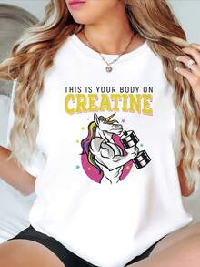 Camiseta de Cuello Redondo para Mujer Talla Grande "Rey de los Músculos" - Diseño de levantamiento de pesas, top transpirable de manga corta y cuello redondo en color blanco, corte regular para uso casual, ropa divertida con estampado duradero Blusas Para Mujer Casual - Blanco - Ver 2