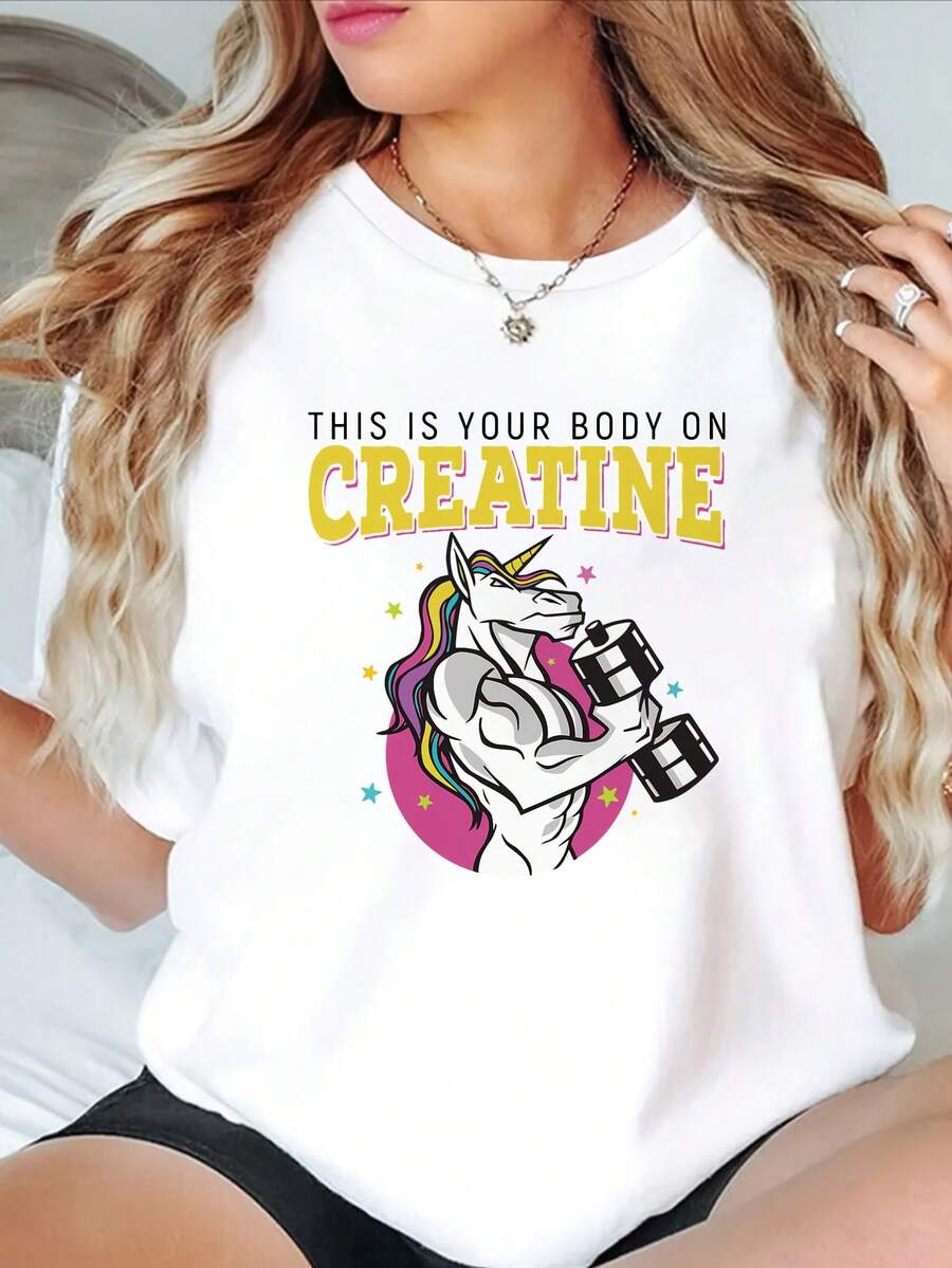 Camiseta de Cuello Redondo para Mujer Talla Grande "Rey de los Músculos" - Diseño de levantamiento de pesas, top transpirable de manga corta y cuello redondo en color blanco, corte regular para uso casual, ropa divertida con estampado duradero Blusas Para Mujer Casual