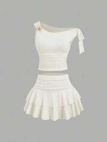 Conjunto de top de tirantes y minifalda plisada y con decoración de flores metálicas para mujer, ideal para el verano - Albaricoque - Ver 3