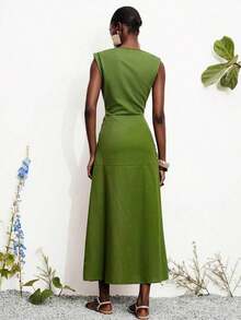 Vestido sin mangas de unicolor y minimalista para mujer, uso diario casual - Verde - Ver 7