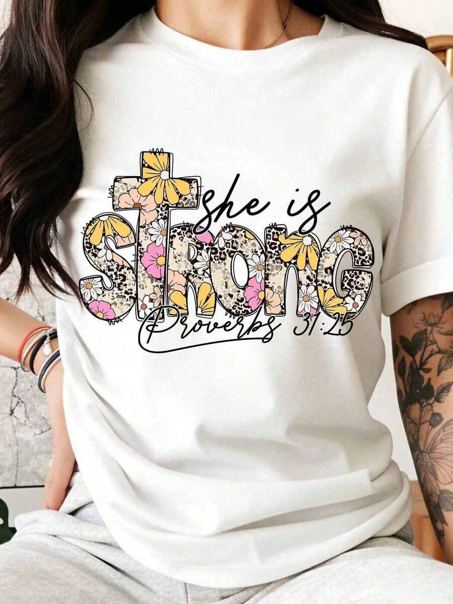 She Is Strong Proverbs 31:25 Christian Women's T-Shirt Floral Design With Cross Biblical Inspiration Faith Motivational Graphic T-Shirt For Women Casual Summer Top - 白色 - 查看 1