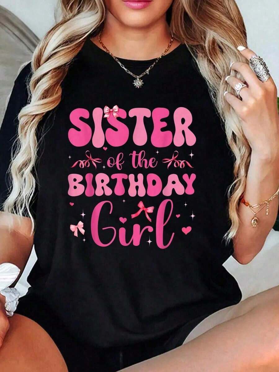 100% Cotton Matching Family T-Shirt Sets With The Phrase "Sister Of The Birthday Celebrant" And A Cute Pink Bow For Women - 黑色 - 查看 1