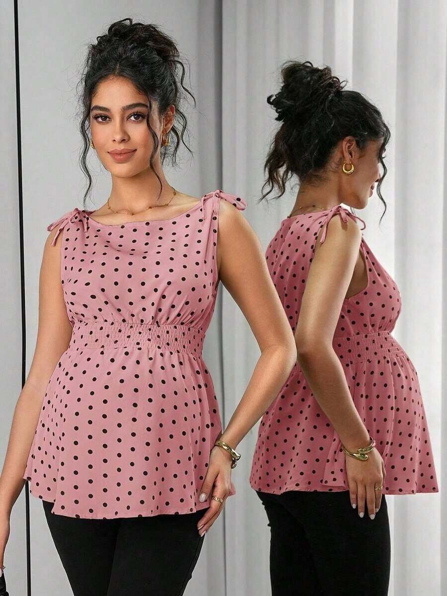 Camiseta de tirantes con estampado de lunares, nudo en los hombros y la cintura, para embarazadas - Rosa - Ver 1