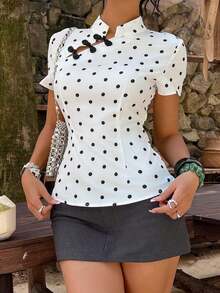 Blusa de cuello Mao de manga corta con cintura ceñida, estilo chino nuevo en color albaricoque, nuevo diseño de primavera/verano para mujer - Blanco y Negro - Ver 7