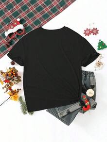 Camiseta de manga corta con cuello redondo para mujer, con estampado, hecha de tela de algodón puro. Cuello redondo clásico y minimalista, versátil y adecuado para todas las formas de cuerpo. Perfecto para citas, desplazamientos diarios y salidas informales. - Negro - Ver 2