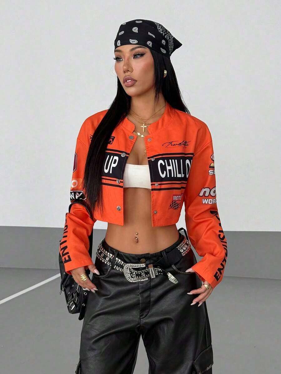 HypeZone Women's Streetwear Motorcycle Cropped Jacket,Ladies Spring/Fall Casual Button Front Drop Shoulder Stand Collar Loose White Colorblock,Letter Women Lightweight Jackets,Casual Daily Wear - 橘色 - 查看 1