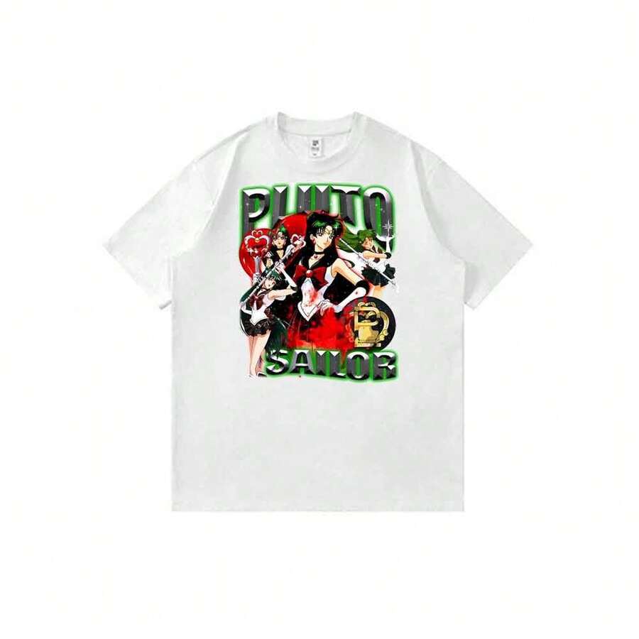 Camiseta unisex de manga corta con estampado gráfico de dibujos animados de Sailorss Moons y Sailors Pluto, estilo anime e informal, ideal para el verano. - Blanco - Ver 1