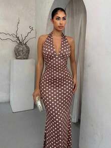 YHHSHEIN  Vestido de sirena con cuello halter y encaje sexyYHH - Marrón - Ver 3