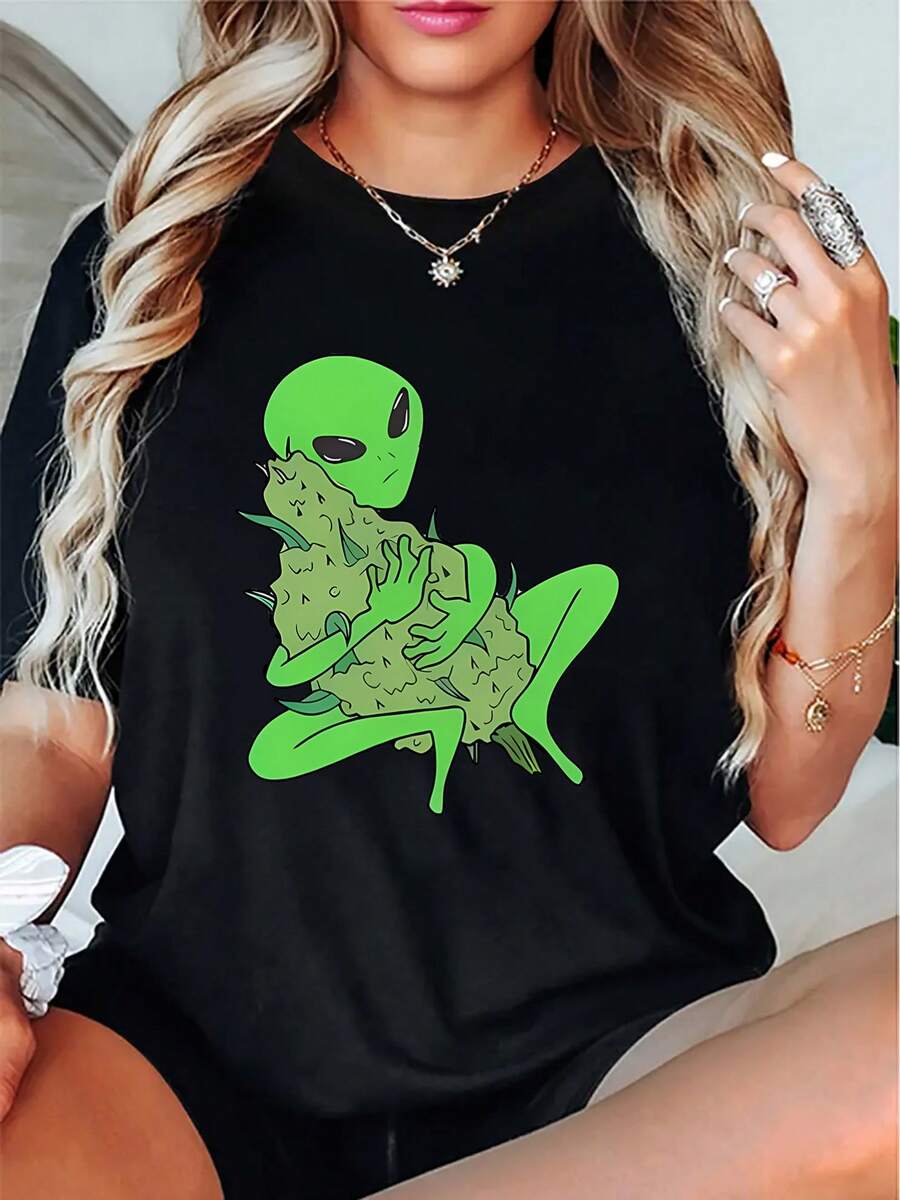 Women's 100% Cotton T-Shirt With A Fun Alien Print, Featuring A Round Neck And Short Sleeves. Simple, Casual, Sporty, And Comfortable For Summer, Ideal For Everyday Casual Wear. - 黑色 - 查看 1