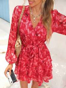 Vestido mini casual de mujer con estampado floral para vacaciones - Rojo - Ver 5