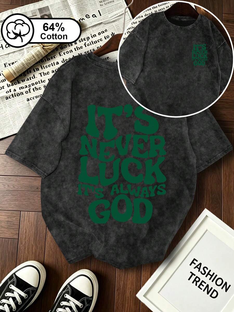 Camiseta de manga corta de verano para mujer de talla grande, con estampado doble de "Dios es el mejor", lavado vintage, MODA, Tops de verano para mujer en color negro - Negro - Ver 1