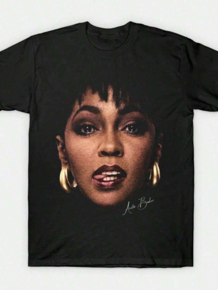 Camiseta Gráfica con Retrato de la Cantante Vintage de R&B Anita Baker, Camiseta para Fanáticos de la Música Soul, Top Casual de Algodón con Cuello Redondo, Camisetas de Verano para Mujer, Corte Regular 3DZ5 - Blanco - Ver 1