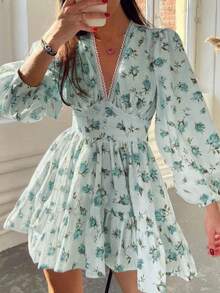 Vestido corto encaje estampado cuello V dulce elegante estilo europea nueva colección primavera para mujer - Verde - Ver 3