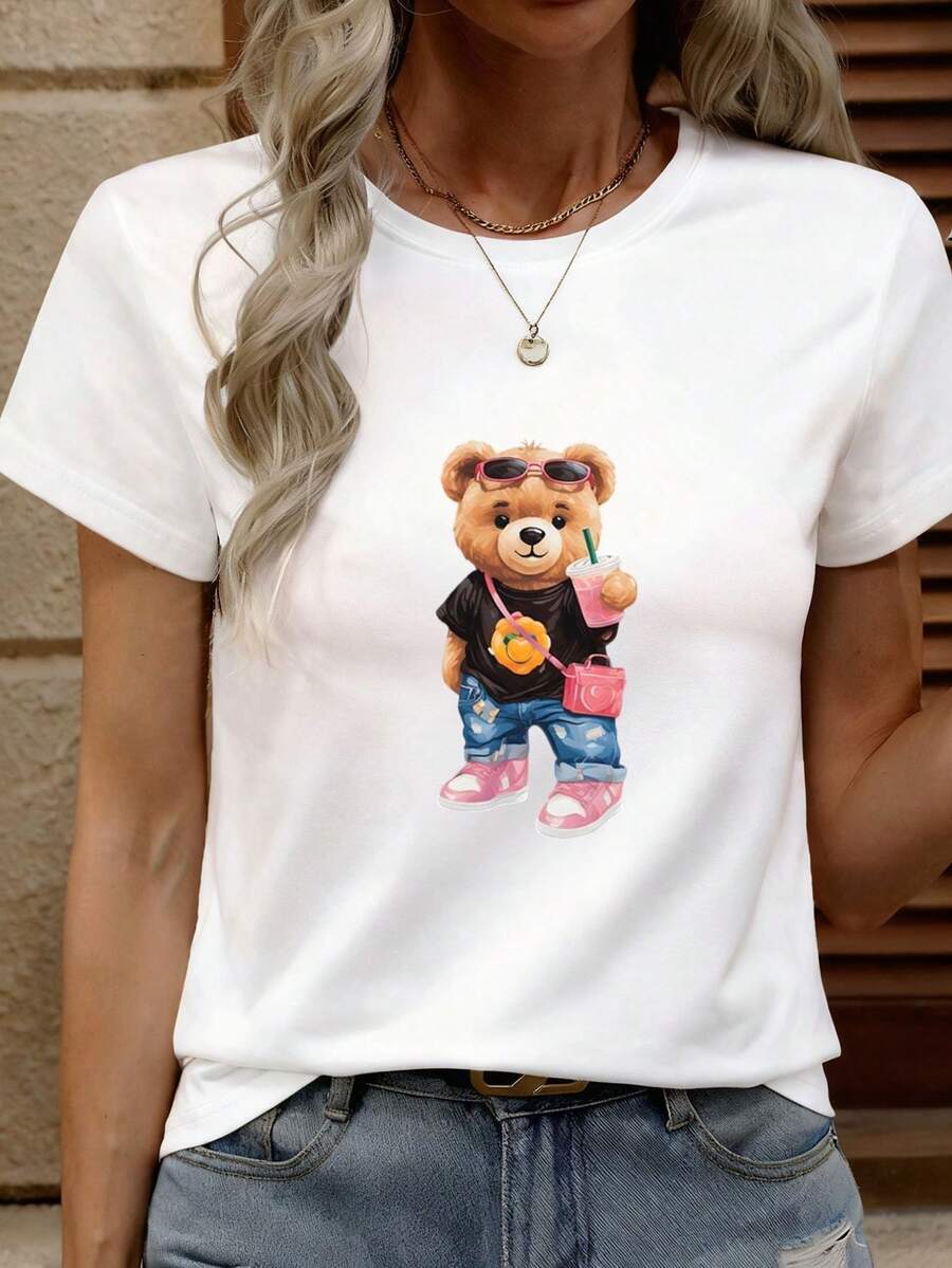 New Spring/Summer Season Women's T-Shirt With A Print, Short Sleeves, And A Round Neck. A Basic Style That's Comfortable, Cool, And Lightweight, With A Youthful, Modern, And Casual Look. A Sweet And Delicate Design, Perfect For Spring And Summer. - 白色 - 查看 1