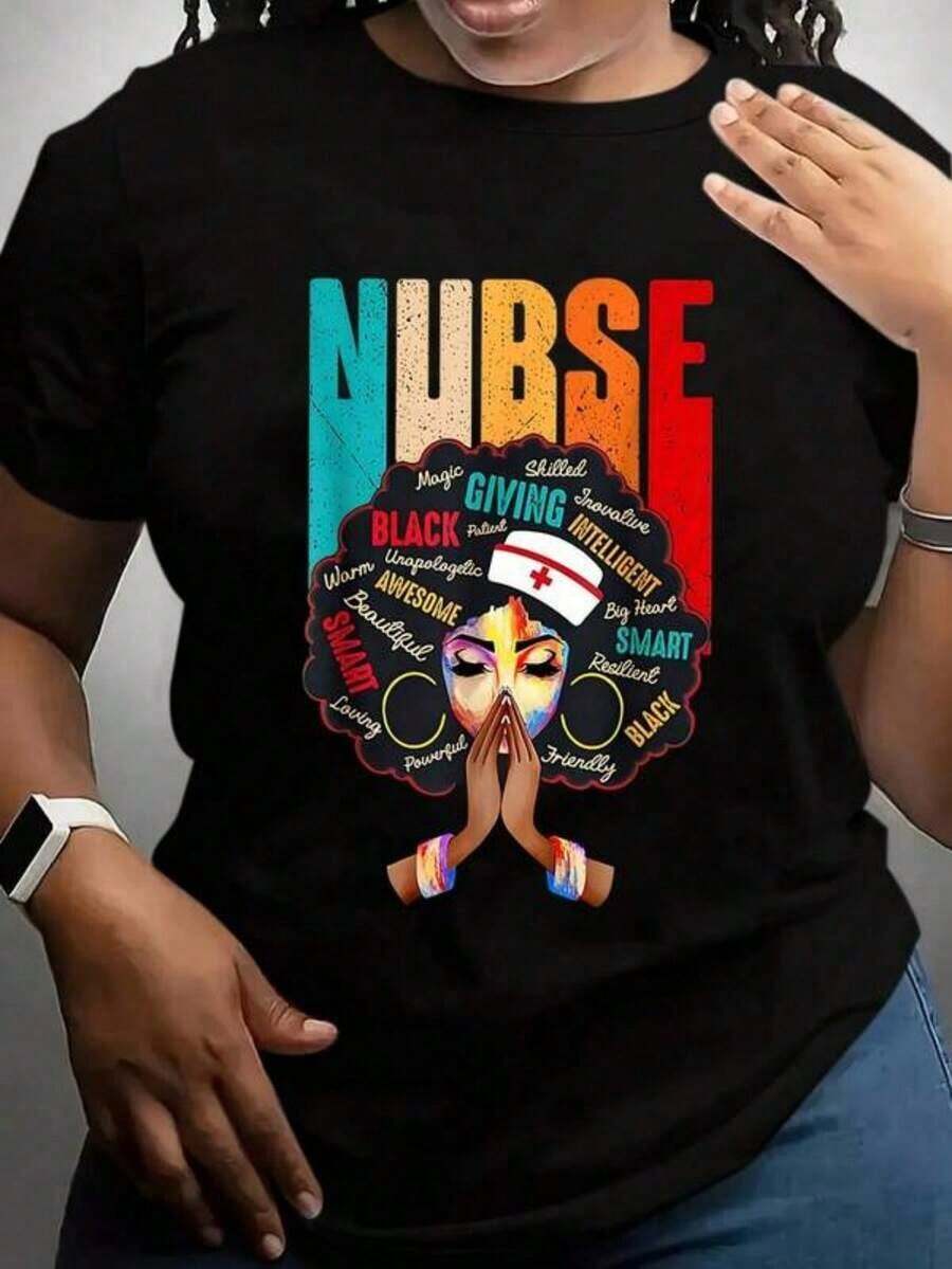 Camiseta para Mujer - Diseño del Mes de la Historia de la Enfermera con Texto Colorido de ENFERMERA, Gráfico de Enfermera Orando y Palabras Inspiradoras como Generosa, Inteligente, Increíble - Perfecta para Enfermeras - Negro - Ver 1