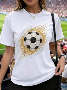 Camiseta de mujer de manga corta, estampado 2D de balón de fútbol con pedrería, cola de estrella fugaz en dorado y plateado, diseño brillante de cristales, cuello redondo casual - Blanco - Ver 1