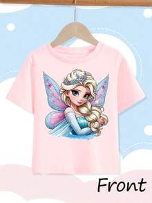 [Authorized] Dreamy Elsa Princess Print Disney Girl's Summer Round Neck Casual T-Shirt For Children, Slightly Stretchy Fabric, Suitable For Birthday Gifts, Perfect For Daily Activities, Sports, And Travel, Summer T-Shirt For Girls - 粉色 - 查看 2
