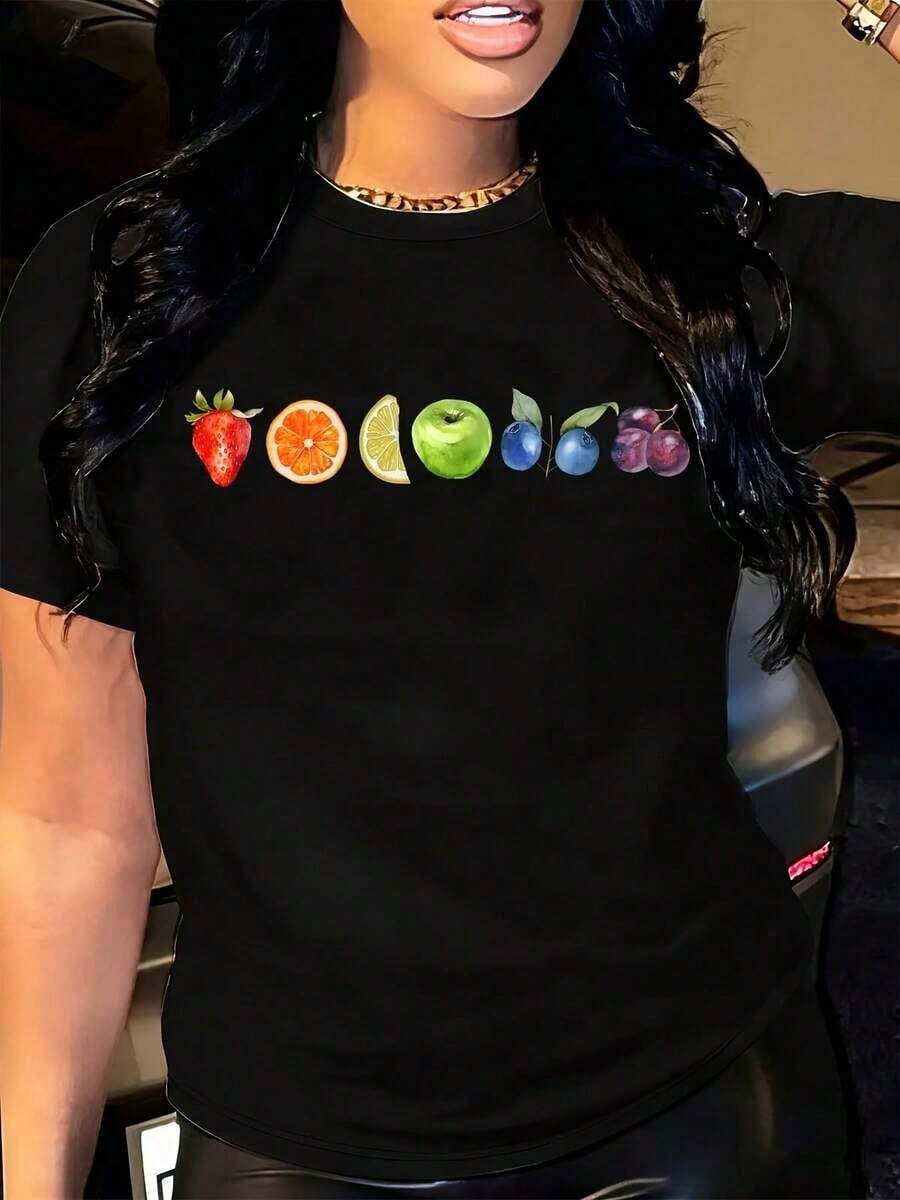 Women's Cool, Casual And Fashionable Summer T-Shirt, Loose Fit, Round Neck, Short Sleeve, Fruit Print: Strawberry, Orange, Lemon, Apple, Blueberry, Plum, Graphic T-Shirt For Daily Use, Summer Clothes. - 黑色 - 查看 1