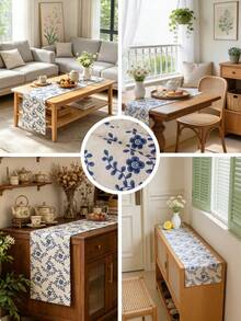 1pc Spring & Summer Fresh Blue Floral Rectangular Table Runner, Farmhouse Style, Washable Dining Table, Coffee Table, Cabinet Cover Cloth, Tabletop Decor, Suitable For Countryside Gatherings, Picnics, Parties, Festivals, All Seasons, Spring & Summer - Blue Willow Flowers - View 3