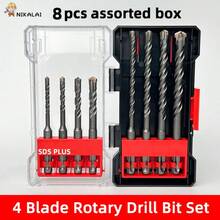 NIKALAI 8支5mm-12mm十字形合金钻头，耐磨耐用，适用于专业施工，高硬度双槽设计，快速排屑。SDS PLUS电锤钻头套装包含塑料收纳盒，方便存放和整理。适用于在混凝土、石材、砖墙、大理石和其他砌体材料上钻孔。优化设计，钻孔高效精准。 - 5mm-12mm - 查看 3