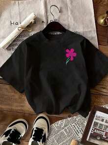 Camiseta negra de manga corta de moda todo a juego para mujer de talla grande, con estampado de margaritas y flores dibujadas a mano, casual y fresca para el verano - Negro - Ver 2