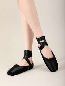Sepatu Balet Pointe Satin Perunggu Wanita dengan Pita Terbungkus, Sepatu Dansa Datar dengan Sol Karet untuk Olahraga Dalam/Luar Ruangan, Perlindungan Jari Kaki, Pertunjukan Dansa Profesional, Nyaman dan Ringan - Hitam - View 5
