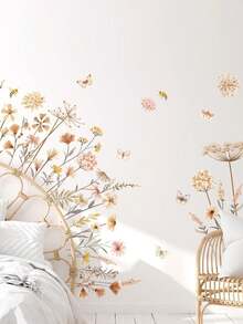 2 piezas Pegatinas de pared con estilo bohemio y flores, patrón de flores silvestres y plantas, vinilos decorativos extraíbles para la habitación de los niños, la sala de estar/fondo de sofá, decoración de pared - estilo bohemio - Ver 2