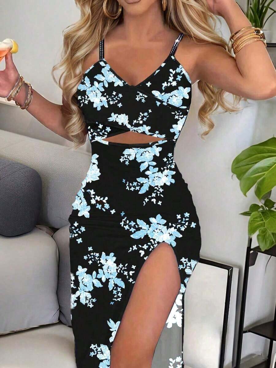 Vestido Bodycon con Estampado Floral, Tirantes Cruzados, Corte en la Cintura y Abertura Alta, para Primavera y Verano, Atuendo Maxi para Mujer - Azul - Ver 1