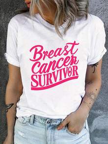 Camiseta de manga corta para mujer con estampado del eslogan "Sobreviviente de Cáncer de Mama", top negro casual de cuello redondo. - Blanco - Ver 1