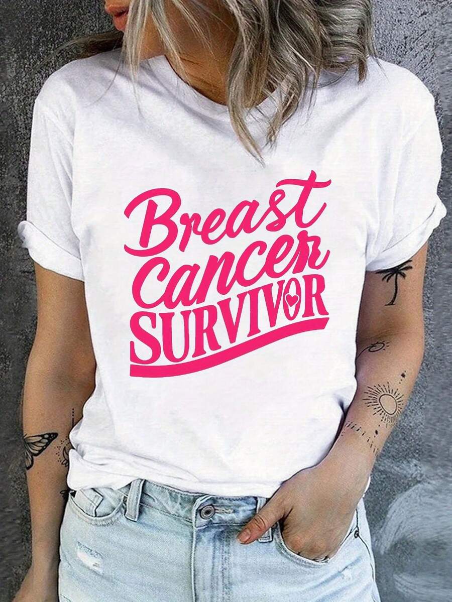 Camiseta de manga corta para mujer con estampado del eslogan "Sobreviviente de Cáncer de Mama", top negro casual de cuello redondo. - Blanco - Ver 1