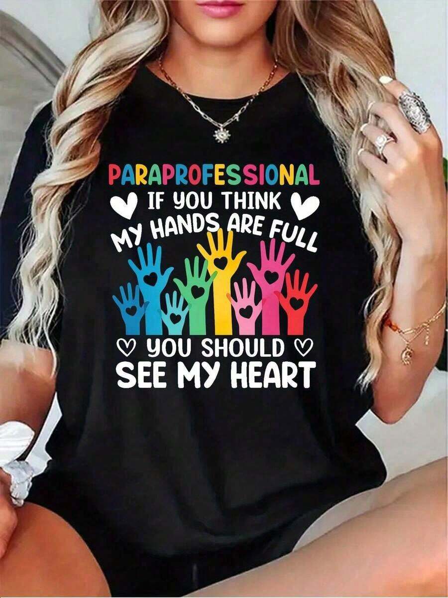 Vintage 1 pieza (Camiseta), Camiseta para Mujer con Estampado "Si tus manos están llenas, mira mi corazón" - Casual, Manga Corta, Cuello Redondo, Color Sólido (Gris, Blanco, Rojo Oscuro) - Adecuada para Enfermeras, Maestras y Cuidadores - Camiseta con Diseño Gráfico - Negro - Ver 1
