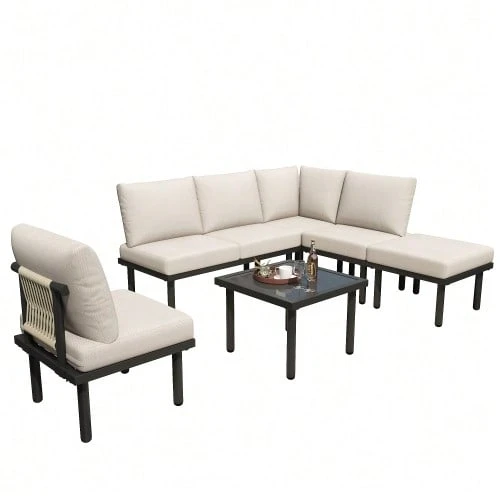 Set Of 6 Garden Lounge Chairs With Galvanized Iron Frame, Rope Garden Furniture Set, Beige Braided Rope, Adjustable Legs, Smooth Glass Tabletop, Includes All Seat And Back Cushions, Beige - 米色 - 查看 1