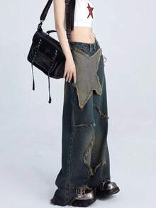 Y2K American Retro Style Wide Leg Jeans With Star Patches, High-Waisted Loose Fit With Distressed Edge - 深藍色 - 查看 3