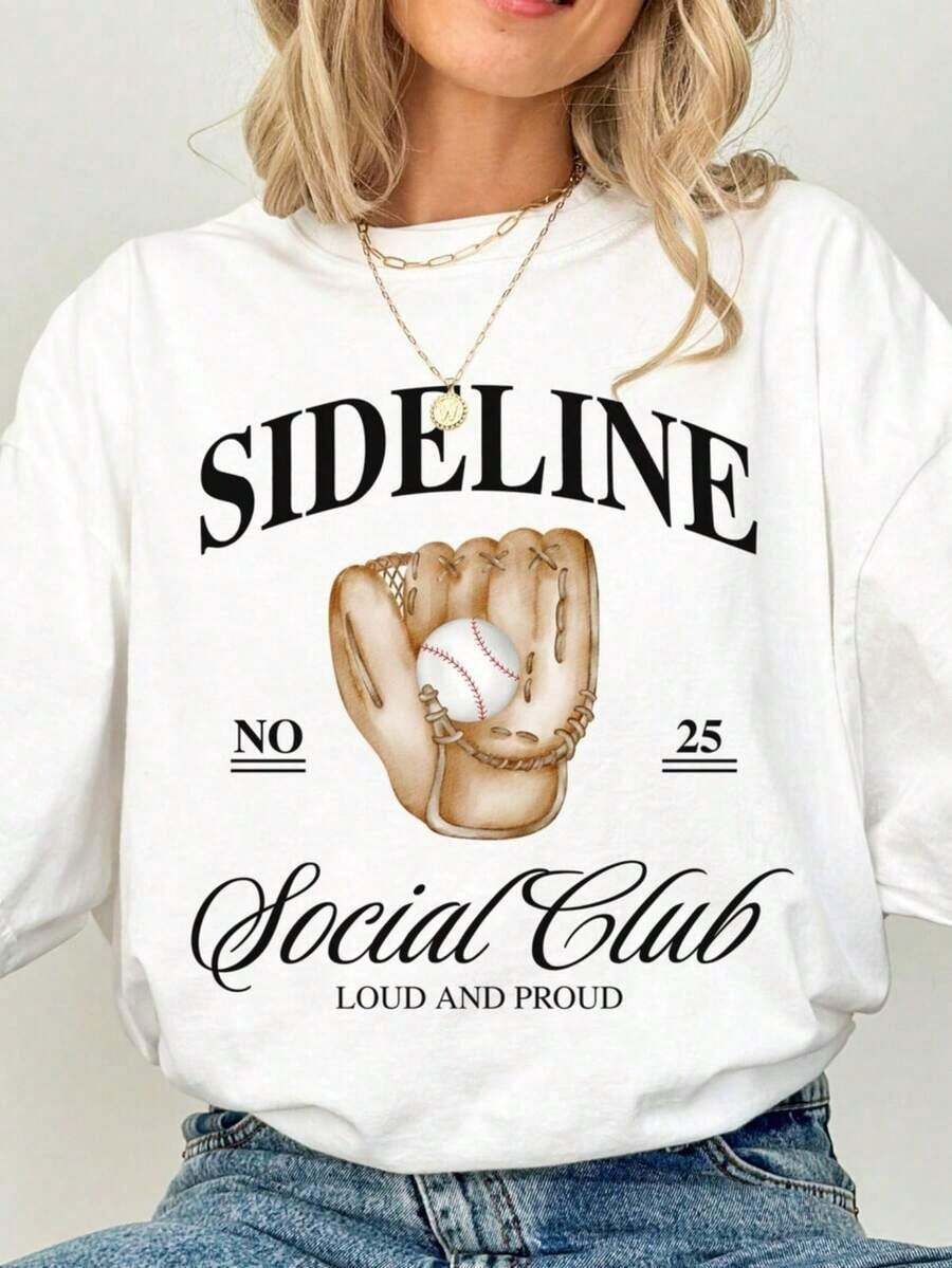 Premium Baseball Shirt, Baseball Mom Shirt, Baseball Mama Shirt, Baseball Sister Shirt, Number Shirt, Sideline Social Club Shirt, Fashionable Casual T-Shirt With Creative Print For Women, Short Sleeve, Round Neck, For Spring And Summer, Festive Celebration Shirt, Party Wear Top, - 白色 - 查看 1