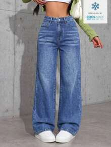 Jeans de mezclilla de unicolor minimalista para uso diario de mujer - Azul lavado oscuro 3 - Ver 4