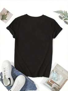 Casual Short-Sleeved Polyester T-Shirt With Floral Deer Antler Design, Durable And Comfortable For Home And Living Room Use, Soft Fabric Material, Ideal For Casual Wear And Daily Activities, Stylish And Lightweight Blouse For Women. - 黑色 - 查看 2