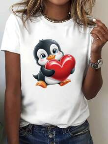 1 camiseta de mujer con estampado de pingüino y corazón - top de manga corta y cuello redondo, suave y transpirable, con estampados de pingüino y corazón, elástica, adecuada para verano y primavera, ideal para uso diario casual, lavable a máquina, ajuste cómodo, adecuada para salir, 180g 100% algodón. - Blanco - Ver 1