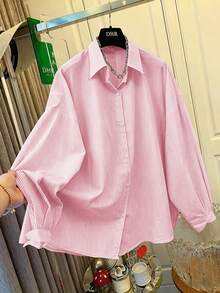 Áo sơ mi nữ kẻ sọc xanh trắng, dáng rộng, thiết kế buộc dây phía sau, phù hợp cho đi làm, mặc thường ngày, đi biển, đi nghỉ mát, màu hồng xuân. - Hồng - Xem 2