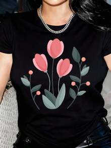 New Arrivals For Summer.One Piece Women'S Black And White T-Shirts Watercolor Floral Prints Women'S Tops Round Neck Short Sleeve Casual Tops Loose Fit And Breathable Perfect For PartyVacationWork Suitable For All SeasonsBlouse,Shirt > Beautiful. - 黑色 - 查看 6