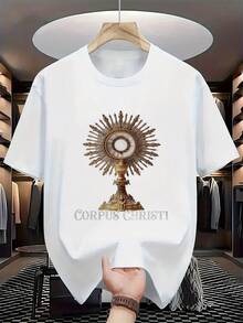 Corpus Christi Chalice Design T-Shirt - Christian Faith T-Shirt With Chalice Adoration Design, Casual Round Neck And Short Sleeves - Religious Cross Design T-Shirt For Easter, Christmas, First Communion, Confirmation, For Catholic And Christian Believers, Family And Friends, Christian T-Shirt, Church T-Shirt, God T-Shirt. - 白色 - 查看 6