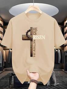 1 Neutral Christian Design T-Shirt - Cross And Crown Design With The Phrase "He Has Risen", With The Biblical Quote Matthew 28:6, Regular Fit, Round Neck, Adult Summer Casual Wear, Machine Washable, Comfortable For Daily Use, Opaque Material. - 杏色 - 查看 1