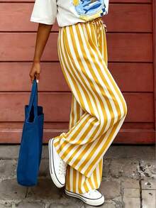 Pantalones sueltos y casuales a rayas para mujer, pantalones ligeros y cómodos de estilo bohemio elegante para primavera, verano y otoño, vacaciones en color rosa - Amarillo - Ver 8