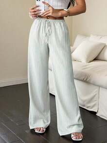 Women's Solid Color Wide-Leg Pants With Pockets And A Tie At The Waist - Mint Green - View 7