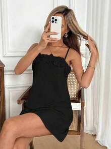Vestido camisero casual de vacaciones para mujer con decoración bordada de flores 3D - Negro - Ver 2