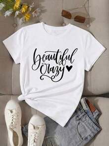 [Entrega Local]Playera Para Mujer Camiseta Casual Blanca de Manga Corta y Cuello Redondo para Mujer, de Poliéster, con Hermoso Estampado Gráfico Original - Blanco - Ver 10