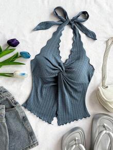 Camiseta sin tirantes sexy y con estilo, con nudo, bajo con abertura y espalda abierta - Niebla azul - Ver 1