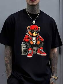 Men's Hip Hop T-Shirt With Teddy Bear And Rap Music, Funny, Short Sleeve, Christmas And New Year's Gifts - Best Choice For Family And Friends. A Short-Sleeved T-Shirt Suitable For Home, Everyday Wear, Parties, And Travel - Perfect As A Gift For Friends Or Family. - 黑色 - 查看 6