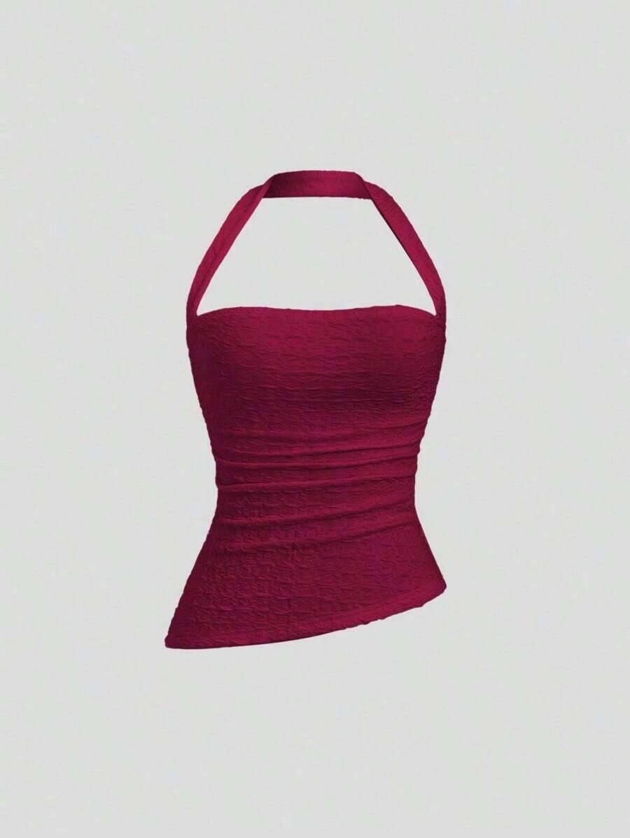 Camiseta de mujer de cuello halter liso, casual para uso diario estilo Y2K - Burdeos - Ver 1